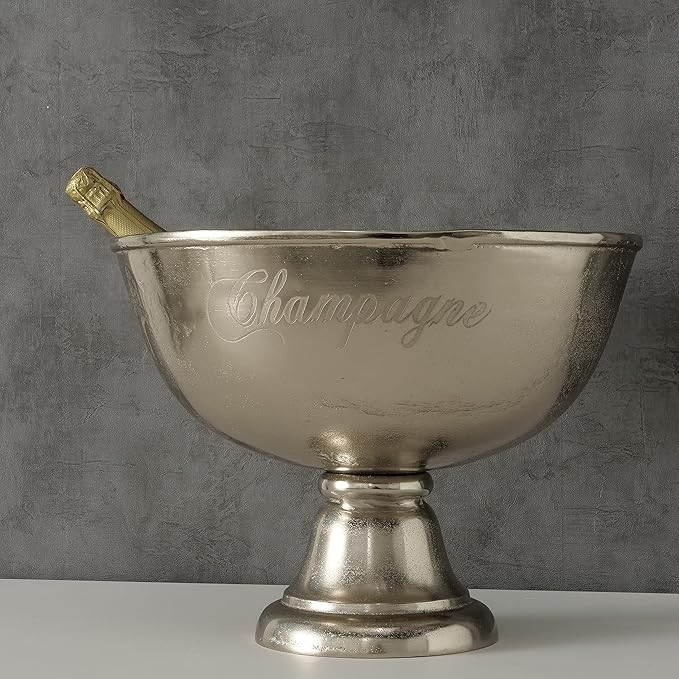 WHW Whole House Worlds Luxury Champagne Bucket with Old World Panache, Elegant Script Text Details, Hand Cast of Silver Aluminum, Pedestal Base, Party Sized, 18.5 Inches Diameter, 13.5 Inches Tall