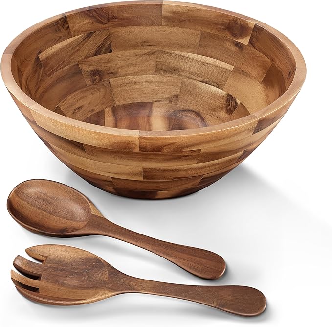 Acacia Wood Salad Bowl Set with Spoon, Fork - Large Salad Bowl with Serving Utensils - Big Mixing Bowl for Fruits, Salad, Pasta (12.2" Diameter x 4.75" Height) (Acacia color)