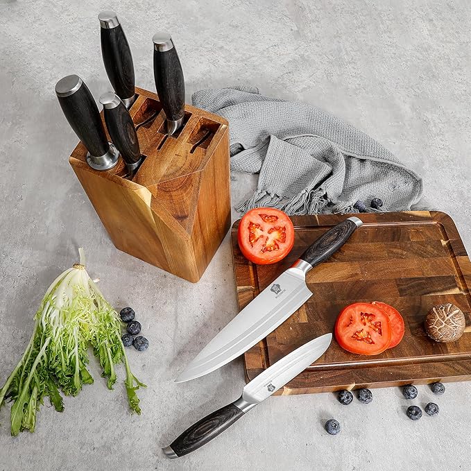 WILDMOK Knife Set, 7 Piece Kitchen Knife Set with Block Wooden, German Stainless Steel Sharp Chef Knife Set with Sharpener