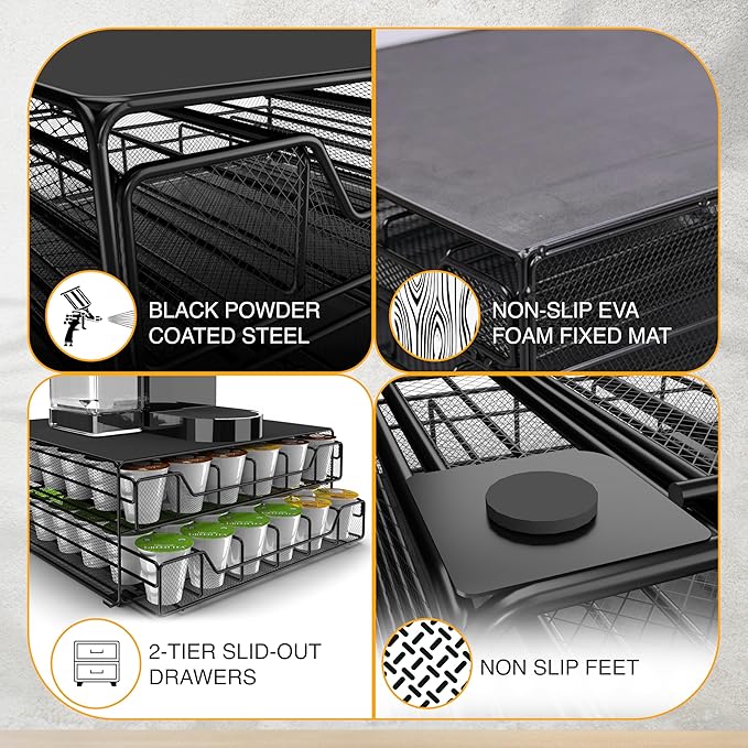 Coffee Bar Organizer for Countertop, K Cup Holder, K Cup Drawer Organizer, Coffee Station Accessories, upto 72 Keurig Coffee Pod Holders for Counter Small Space, Kpod Kcup Storage, Fixed Mat