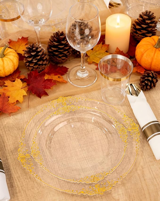 Nervure 350PCS Clear Gold Plastic Plates - Gold Plastic Dinnerware Sets for 50 Guests - 100 Disposable Plates, 150 Silverware, 50 Cups, 50 Napkins for Wedding & Party & Thanksgiving