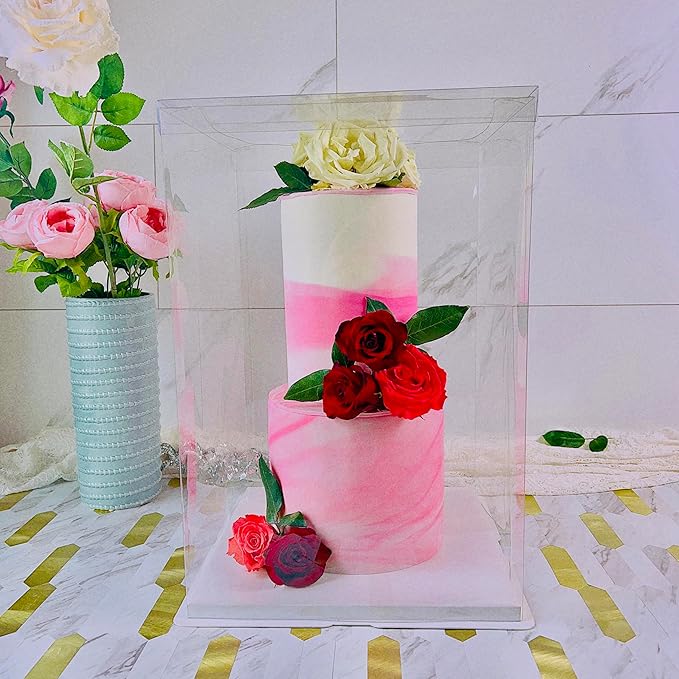 Sweet Degrees Clear Plastic Cake Box 13"x13"x19.5" | Ribbon Included |Tall Square Cake Carrier with Lid | Reusable Display Container for Tiered Cakes | Ideal for Weddings, Events, and Bakeries