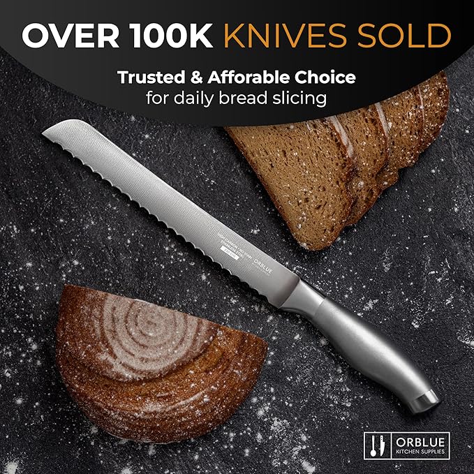 Orblue Serrated Bread Knife with Upgraded Stainless Steel Razor Sharp Wavy Edge Width - Bread Cutter Ideal for Slicing Homemade Bagels, Cake (8-Inch Blade with 5-Inch Handle)