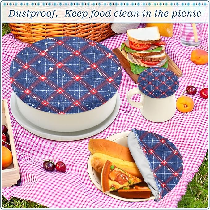 5 Pcs Bowl Covers Reusable in 5 Size Elastic Food Cover Cloth Lids Fresh Keeping Dish Cookware Bakeware Fabric Covers Lids for Food Leftovers Fruits Storage Blue Retro Plaid Stars