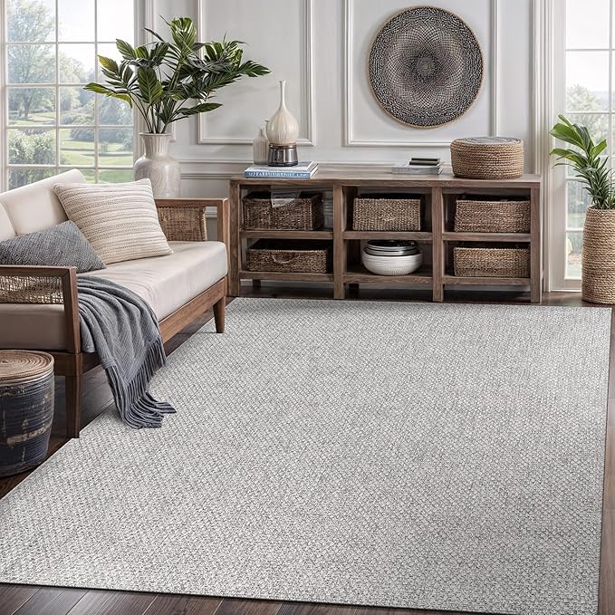 CAMILSON Easy Jute Rug 5x7, Indoor Outdoor Gray Color Farmhouse Area Rugs for Living Room Patio and Kitchen Rug, Solid Boho Woven Design, Easy-Cleaning, Washable Outside Carpet Alfombras (5 x 7)