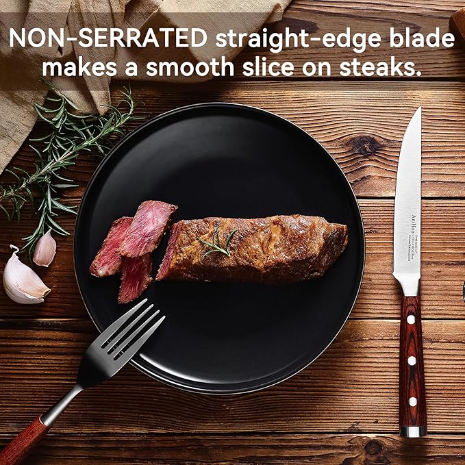 AmHoo Steak Knives Set of 6 Non Serrated 4.8-inch German High Carbon Stainless Steel Ultra Sharp Handle Pakkawood with Gift Wooden Box
