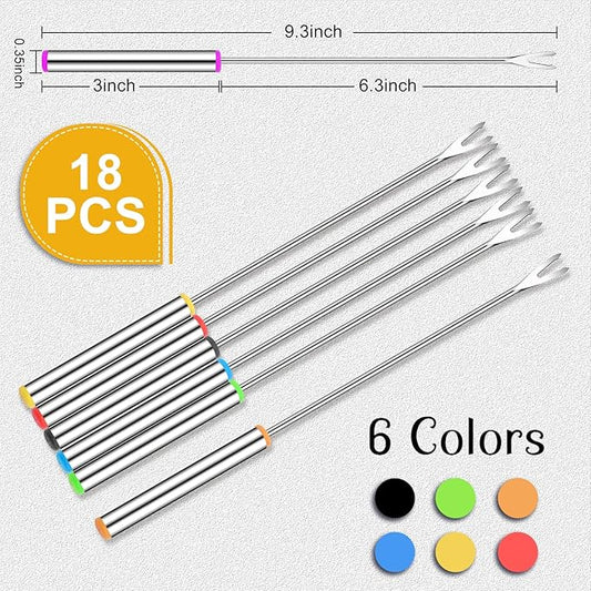 18 PCS Fondue Forks Stainless Steel,9.3inch Color Coding Cheese Fondue Forks with Heat Resistant Handle,Fondue Sticks for Chocolate Fountain Dessert Meat Barbecue Roast Marshmallows,6 color