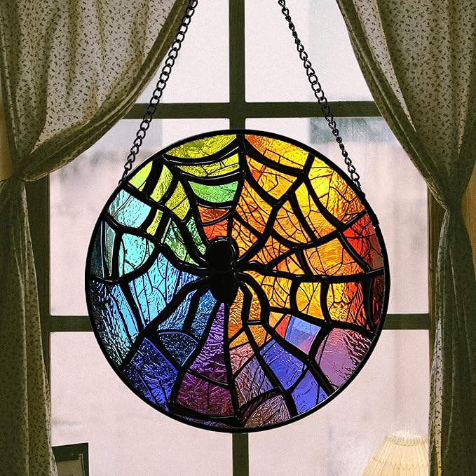 Stained Glass Suncatcher, Colorful Spider Sun Catcher Black Insect Stain Glass Window Hanging Decoration Mother's Day Birthday Gifts for Women Men Mom Nana 7.8 in
