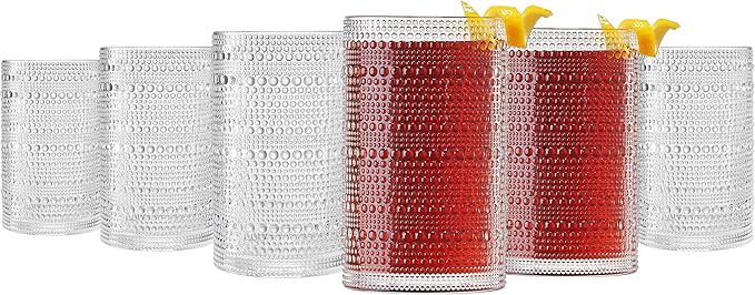 Khen Plastic Hobnail Drinking Highball Glasses Set of 6 Clear Color Cups 14oz, Shatterproof & Unbreakable Acrylic Beaded Design, BPA-Free, Dishwasher Safe Indoor/Outdoor Drinkware Water, Cocktails