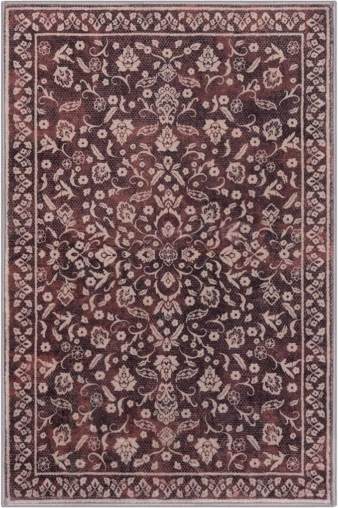 Vintage Entryway Rug Indoor, Deep Burgundy Washable Rug 2x3, Small Area Rug with Non-Slip Backing, Floral Print, Thin Faux Wool Super Soft Door Mat for Kitchen, Entrance, Bedroom, Office
