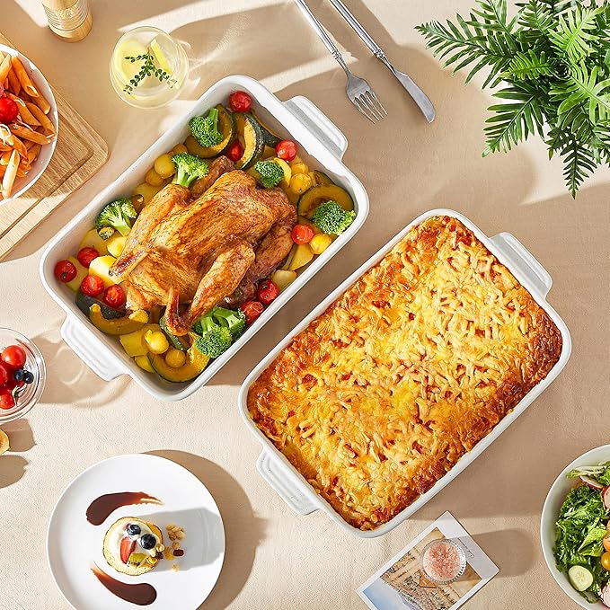 MALACASA Baking Dish 4.8 Qt Ceramic Casserole & Lasagna Pan, 9x13 Inch Deep Rectangular Oven Safe Dish with Handles for Baking, Roasting, Serving (Khaki & White) - Series Tara