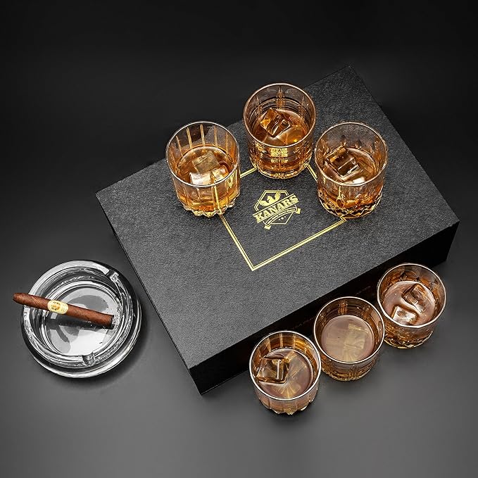 KANARS Whiskey Glasses Mixed, 10 Oz Scotch Glasses Set of 6, Rock Bar Tumblers 3 Patterns in Luxury Gift Box for Birthday, Anniversary, Housewarming and Wedding