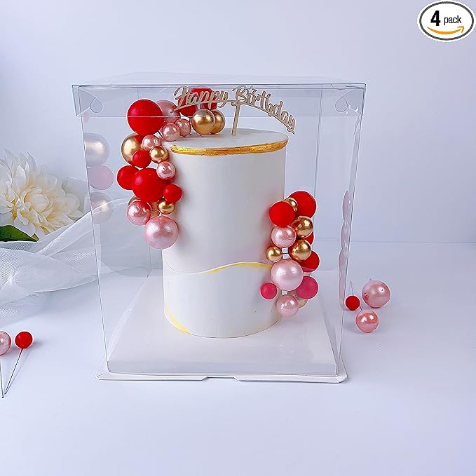 Square Clear Cake Boxes - Transparent Tall Cake Box with Ribbon - Gift Boxes with Lids for Birthday, Wedding, Party & Holiday (4 Sets, 10"L x 10"W x 12"H)