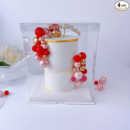 Square Clear Cake Boxes - Transparent Tall Cake Box with Ribbon - Gift Boxes with Lids for Birthday, Wedding, Party & Holiday (4 Sets, 10"L x 10"W x 12"H)