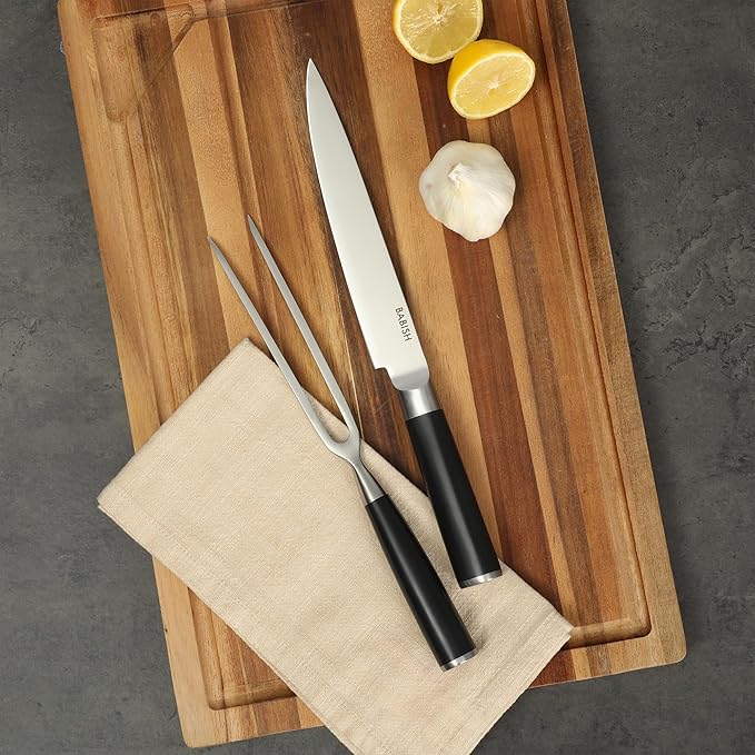 Babish 2-Piece Carving Knife and Fork Set – 8-Inch Stainless Steel Carving Knife with 6.5-Inch Fork – Precision Cutlery for Turkey, Roast, and Meat Carving – Ergonomic ABS Handles