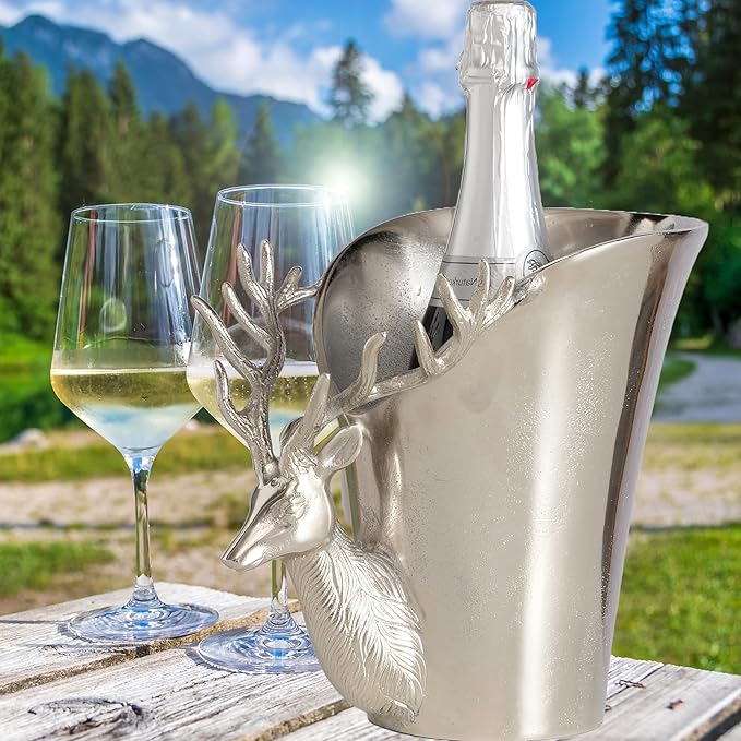 WHW Whole House Worlds Luxury Stag Head Champagne Bucket, Asymmetrical Flared Opening, Hand Cast, Silver Aluminum, Gleaming Polish, 9 Inches