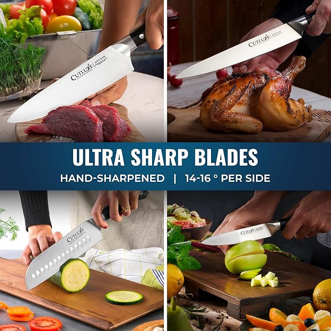 Cutluxe 15-Piece Knife Set – Premium Walnut Wood Block – Knife Set for Kitchen, Ultra Sharp High Carbon German Stainless Steel, Full Tang – Artisan Series