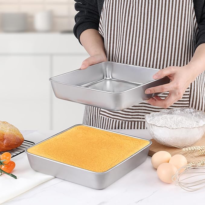 LIANYU 2 Pack 9 x 9 Inch Square Cake Pan, Stainless Steel Baking Lasagna Brownie Bread Pan, Square Bakeware for Birthday Party Wedding, Oven & Dishwasher Safe