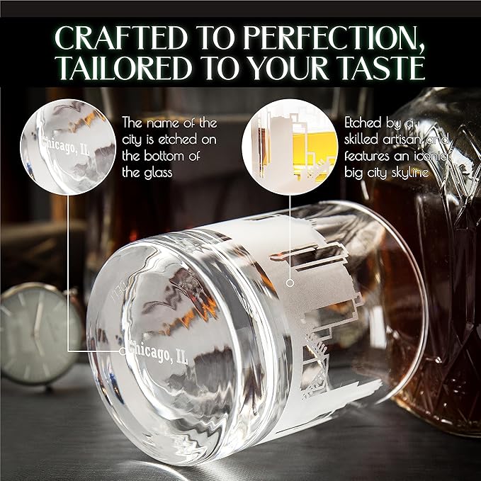 Greenline Goods Skyline Etched Chicago Whiskey Glasses Gift (Set of 2) | Old Fashioned Tumbler – For Chicago Lovers - Windy City Accessories and Souvenirs - Illinois Glassware Decor