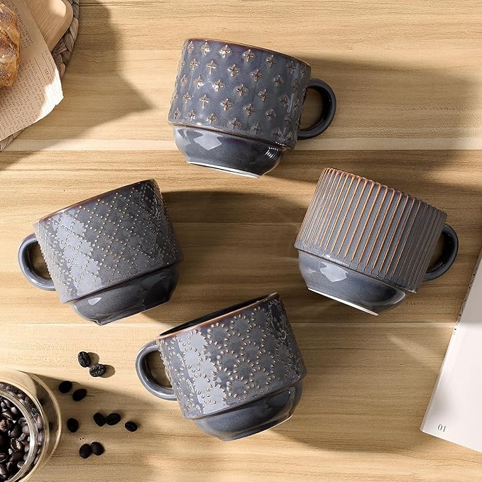 JIEMEI HOME Large Ceramic Coffee Mug Set of 4 with Stand, 15 Oz Stackable Embossment Ribbed Latte Cup Set for Cappuccino, Latte, Tea, Hot Cocoa, Drinks - Dishwasher & Microwave Safe, Dark Purple