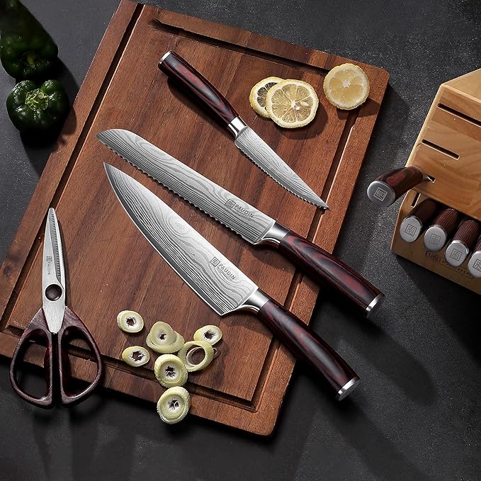 PAUDIN Kitchen Knife Set with Block, 14 Pieces Knife Sets for Kitchen with Block, High Carbon German Stainless Steel Sharp Chef Knife Set with Ergonomic Pakkawood Handle