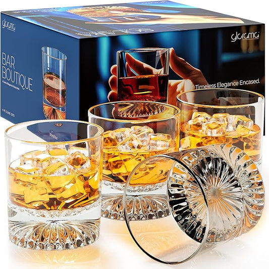 GLORAMA Premium Old Fashioned Whiskey Glasses with Heavy Bottom – Vintage Bar Drinkware for a Cocktail, Bourbon, or Scotch – Durable Crystal Rocks Glass – Set of 4, 10 oz