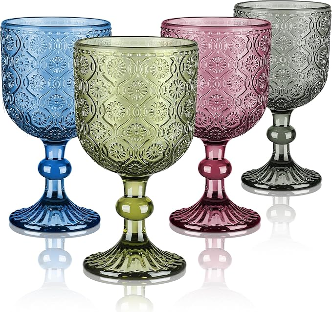 Joeyan Vintage Glass Wine Goblet,Embossed Floral Stemmed Wine Glasses,Colored Drinking Cups,Heavy-Duty Glassware for Wedding Party Bar,Multicolor,12 oz,Set of 4,Dishwasher Safe