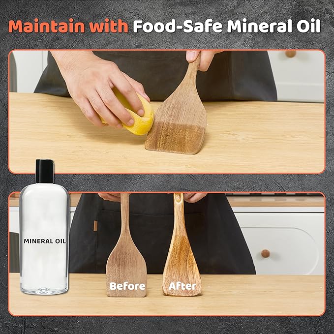 Wood Cooking Utensils Set, 5 PCS Wooden Spoons for Cooking Includes Stainless/Wood Kitchen Tongs, Non-Stick Wooden Utensil Set with Innovative Finger Groove & Non-Slip Notch Design, Black