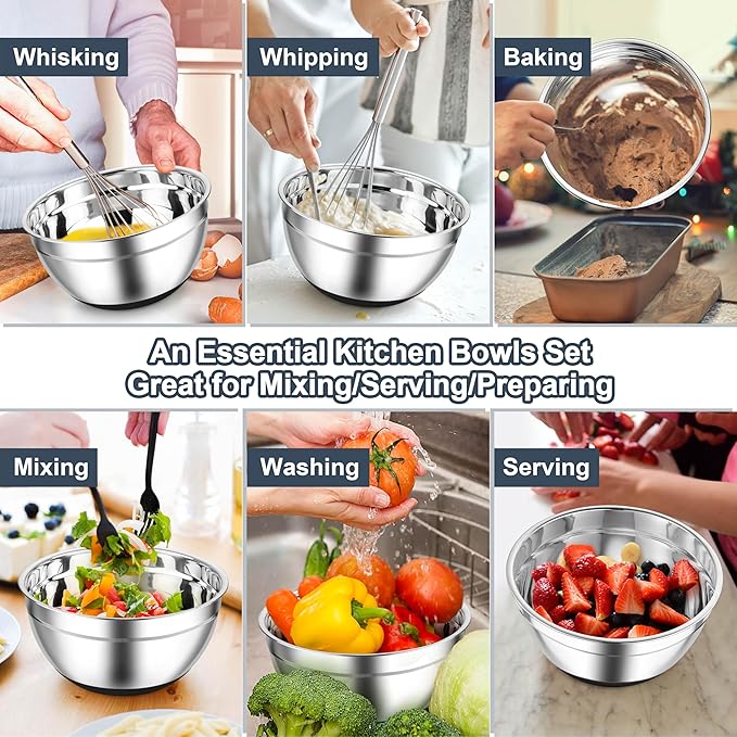 TeamFar Mixing Bowls, Black Mixing Bowls with Lids Set, Stainless Steel Nesting Salad Bowl with Air-tight Lid & Silicone Bottom, Non Slip & Stackable - Set of 6-4.6/2.6/2 / 1.5/1 / 0.7 Qt