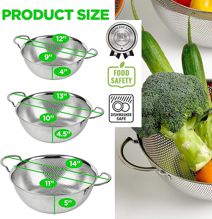 Premium 18/8 304 Stainless Steel Strainer Set of 3 with Handles, Micro-Perforated Colanders, 4-6-8 Quart Set, Self-Draining Solid Base for Pasta, Fruits, Vegetables, Made in Korea