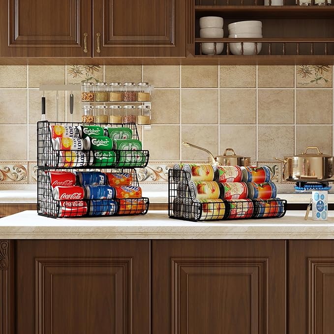 2-Tier Stackable Can Organizer for Pantry Shelves, 2 Pack Soda Can Organizer with 4 Adjustable Dividers, Kitchen Can Storage Organizer, Wire Drink Organizer, Metal Can Dispenser for Cabinets Shelf