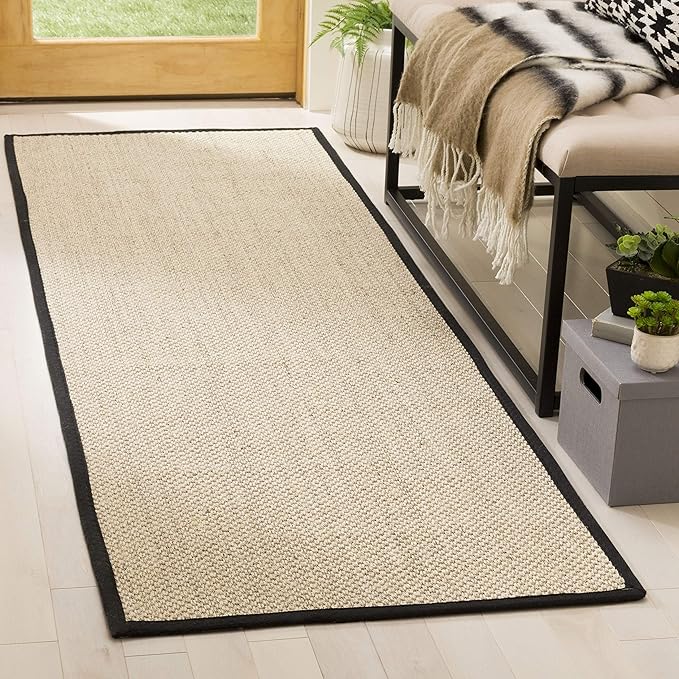 SAFAVIEH Natural Fiber Collection Runner Rug - 2'6" x 22', Marble & Black, Sisal, Woven Design with Border (NF143A)