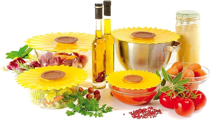 Charles Viancin - Sunflower Lid Gift-Box - Set of 4 Silicone Lids for Food Storage and Cooking - 11''/28cm + 9''/23cm + 6''/15cm + 4''/10cm - Airtight Seal on Any Smooth Rim Surface