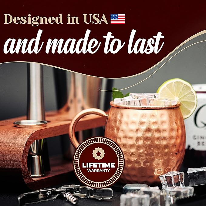 [Gift Set] Mule Science Moscow Mule Mugs Set of 8 (16oz) | Solid Barrel 100% Copper Mugs Set w/ 8 Straws, 8 Coasters & 1 Shot Glass | Handcrafted Tarnish-Resistant Food Grade Lacquer Coat