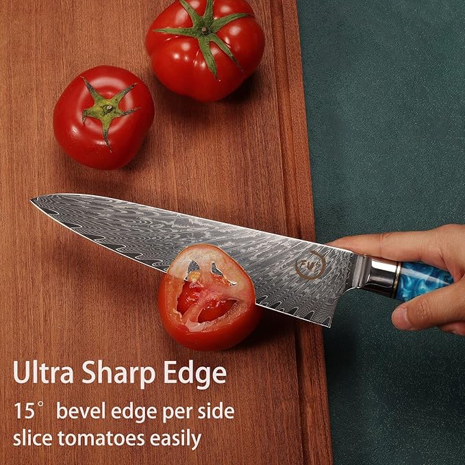 Chef Knife 8 inch, Damascus Chef Knife Japanese VG10 Core Steel with 66-Layers High Carbon Professional Sharp Chefs Knife 8" Blade Ergonomic Beautiful Blue Resin Handle Gift Boxed