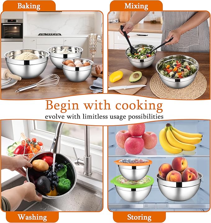 LIANYU Mixing Bowls with Lid Sets of 3, Large & Small Stainless Steel Metal Salad Mixing Bowls, 1.5 & 3 & 4.6QT Sizes For Kitchen Cooking, Baking, Storage, Food Prepping, Serving, Three-Color