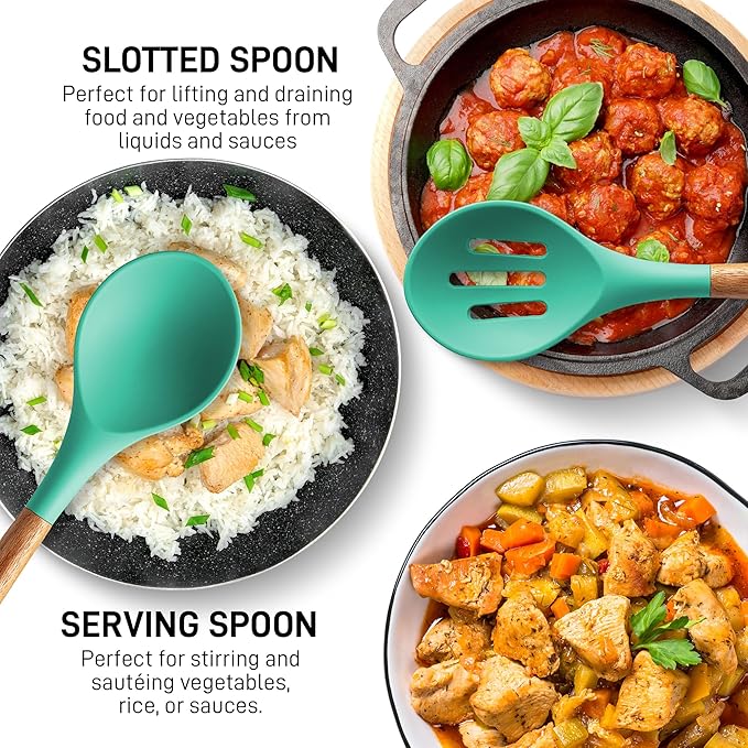 Zulay Kitchen Non-Stick Cooking Utensils Set with Authentic Acacia Wood Handles – 5-Piece Durable & Stylish Silicone Kitchen Utensils Set – Heat Resistant to 464°F – Mint