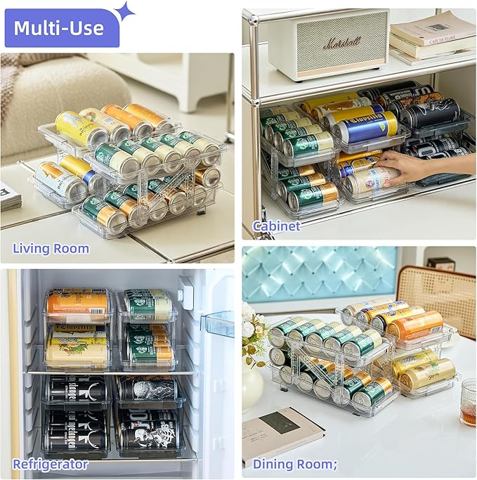 Soda Can Dispenser Organizer for Refrigerator and Pop Can Holders Drink Storage Wide Adjustable (2-Pack Clear)