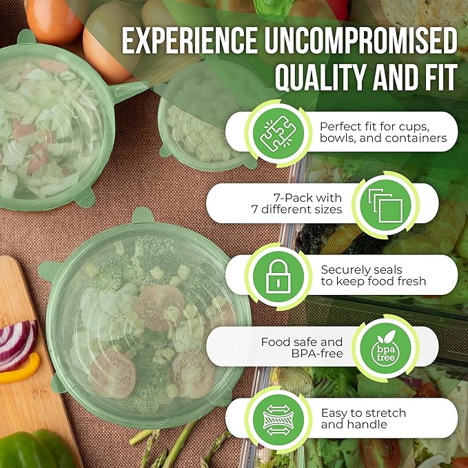 Reusable Silicone Stretch Lids for Food Storage in Fridge - Elastic Heat-Resistant Bowl Covers, Cups, Cans, Jars - Universal Food Grade Lid for Containers - 7 Pack - Mint Frost Stretchy Lid Set