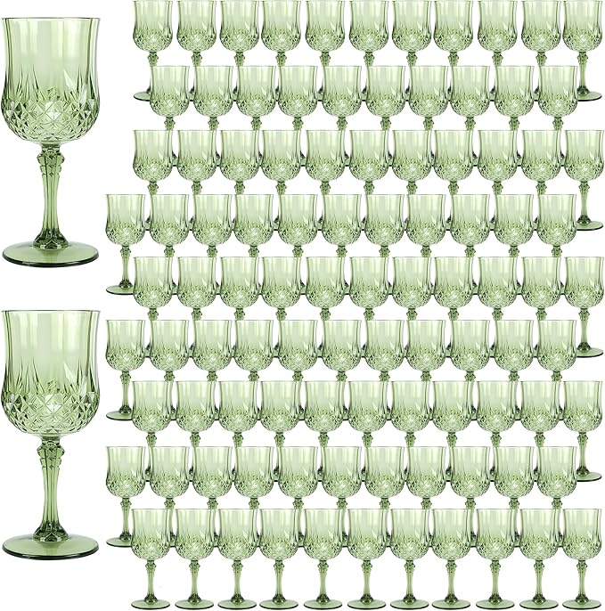 Plastic Wine Glasses，100PCS New Green Plastic Goblets Vintage Style Cordial Drinking Glasses for Wedding Reception, Grand Event Party Supplies (100, New Green)