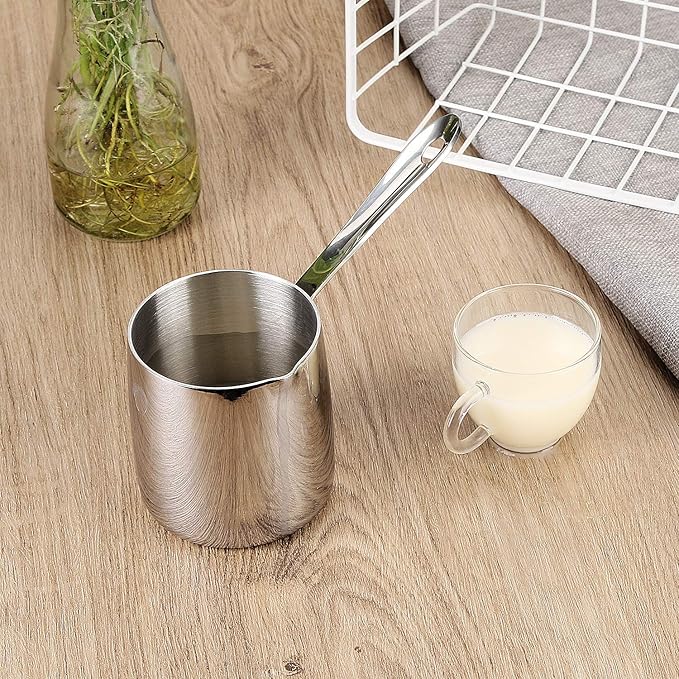 Milk Warmer Turkish Coffee Pot Butter Warmer Melting Pot 18/10 Stainless Steel Small Saucepan with Pour Spout Cookware 12oz Capacity (370ml)