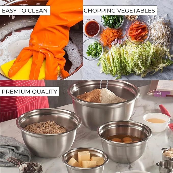 AVADOR Premium Brushed Stainless Steel Mixing Bowls Sets, Easy To Clean, Space Saving, Great for Cooking, Baking, Prepping Needs 0.25qt, 1qt, 1.5qt, 3qt, 5qt (8 pc with Lid and Grater)