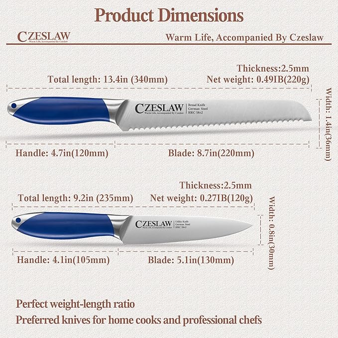 Bread Knife 2pcs, Forged from High Carbon German Steel, Full Tang Professional Grade Serrated Bread Knife for Homemade Bread