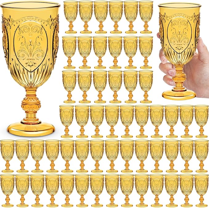 60 Pack Plastic Goblets 10oz Upgrade Vintage Water Goblet Plastic Wine Glasses Colored Retro Embossed Glassware for Party Wine Bar Juice Baby Shower Wedding Reception Grand (Amber)