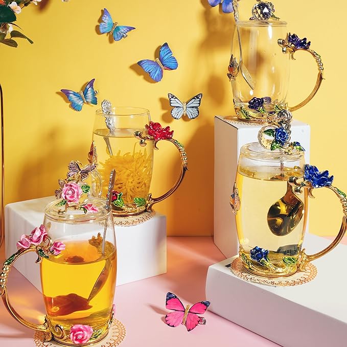 Nuanchu 4 Sets Flower Glass Tea Cups with Lids and Spoon Butterfly Vintage Glass Coffee Mugs Floral Fancy Clear Teacup for Christmas Women Mom Wife Girlfriend(Pink, Purple, Blue, Red,12 oz)