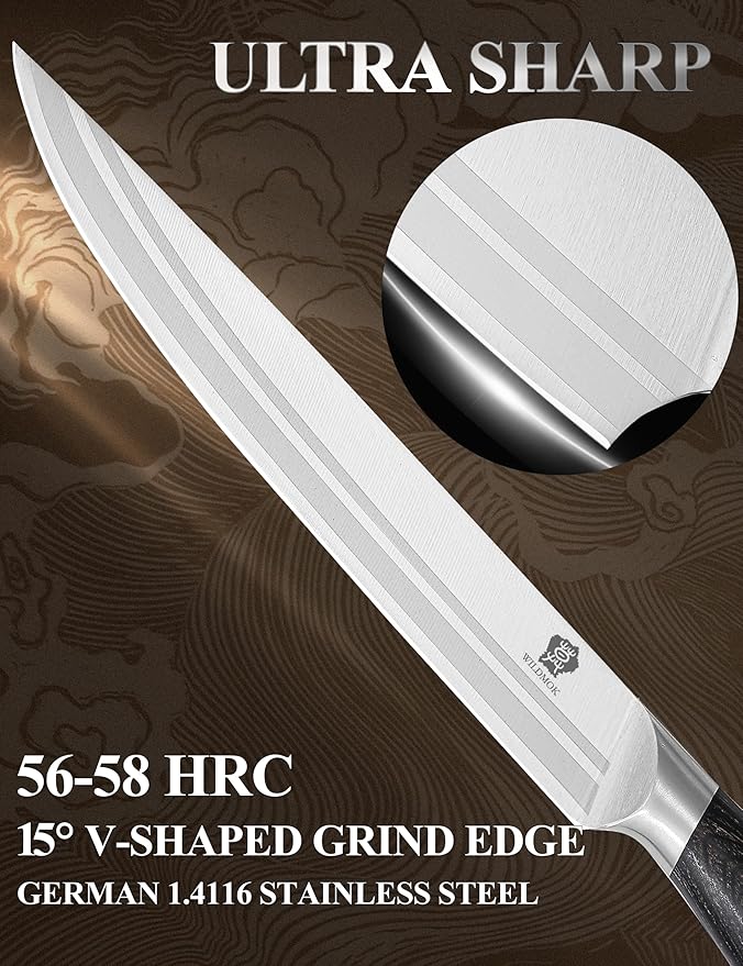 WILDMOK Carving Knife 8 Inch, Profession Meat Cutting Knife, German Stainless Steel BBQ Knife with Ergonomic Handle, Gifts Packed