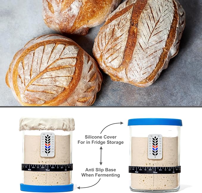 Premium Sourdough Starter Jar - 40oz Large Sourdough Jar with Marked Feeding Band, Thermometer, Scraper, Cloth Cover and Silicone Lid/Base, Wide Mouth Starter Kit - Blue