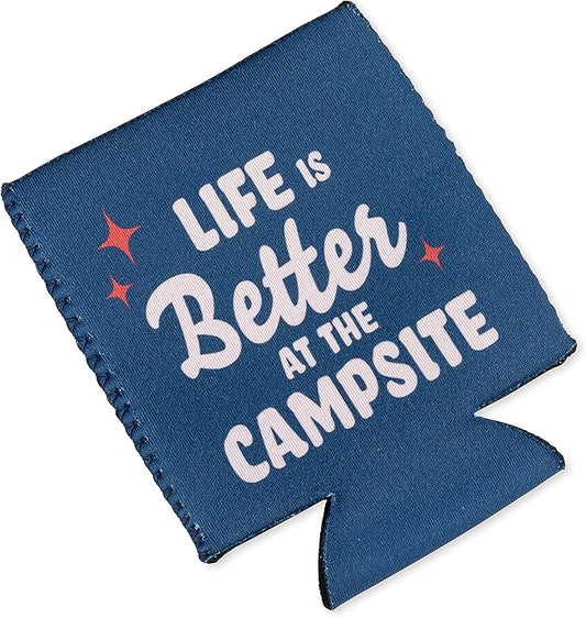 Camco Life is Better at The Campsite Can Holder | Keeps Your Beverage Cold | Fits 12 oz. Cans | Features a Blue Life is Better at The Campsite Retro Theme (53478)