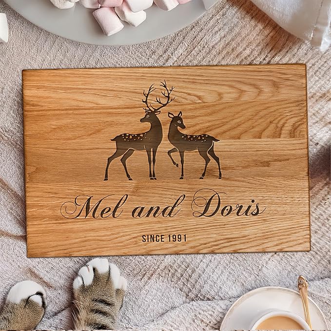 Personalized Oak Wood Cutting Board – Custom Deer Couple Engraving with Names – 8x12 Inches – Gift for Wedding, Anniversary, Christmas, Housewarming, Mother’s Day – Great for Parents and Friends