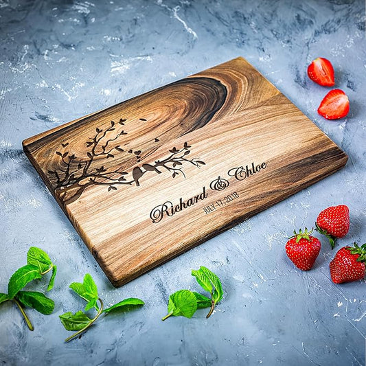 Personalized Walnut Wood Cutting Board – Custom Lovebirds Engraving with Couple's Names – 8x12 Inches – Gift for Wedding, Anniversary, Christmas, Housewarming – Great for Parents and Friends